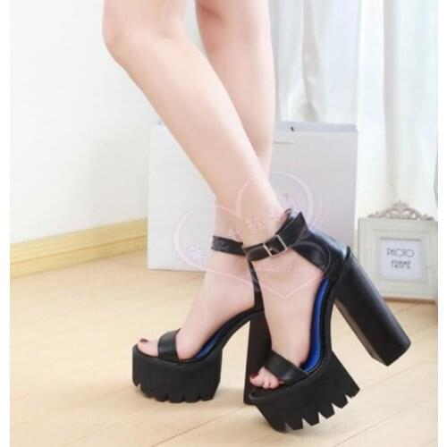 Women Summer Shoes 2018 Thick Heels Platform Leather Black Sandals 14 CM High Heels Peep Toe Buckle Woman Gladiator Shoes