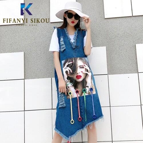 Streetwear Denim Vest Women Sleeveless Jacket Fashion Hole V-Neck Print Jeans Vests Coat Female Loose Plus size Long Vest