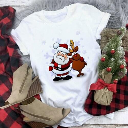 Santa Claus and Reindeer T Shirt Women Fashion Merry Christmas Harajuku T-shirt White Cute Tshirt Tops Clothing Hipster Female