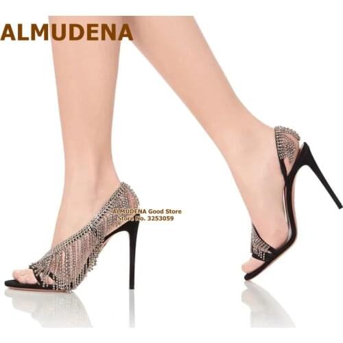 ALMUDENA Bling Bling Crystal Draped Fringe Sandals Black Patchwork Glitter Rhinestone Wedding Shoes Women Summer Tassel Pumps