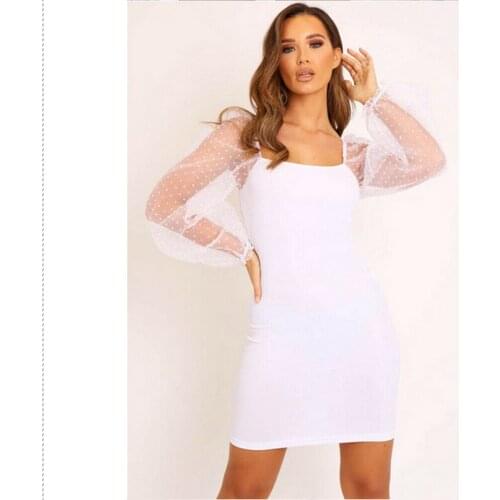 Womens Patchwork Puff Sleeve Solid Dress Bandage Bodycon SheathDress Evening Party Cocktail Club Short Mini Dresses S-XL