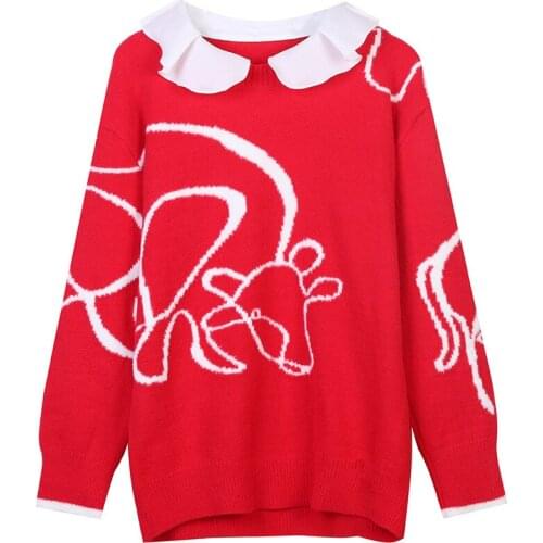 WomenS Oversized Pullovers Sweaters 2021 Women Long Female Knitwear Elegant white collar Printed Loose Red Sweater Knit Tops