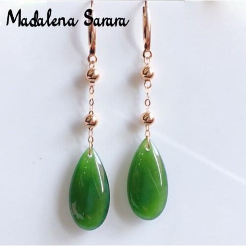 MADALENA SARARA 18K Gold Royal Ancient Style Nephrite Jade Drop Shape Women Earrings