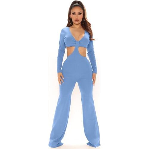 Waist Band Cut Out Elegant Long Jumpsuit for Women Deep V Neck Full Sleeve Flare Overall Classy Ribbed Knitted Bodycon Outfit