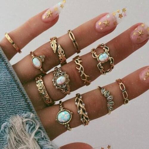 12pcs / set Bohemia Golden Leaf Olive Branch Geometric Crystal Finger Ring Set Female Charm Personality Jewelry Accessories
