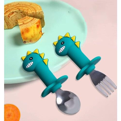 2Pcs Set Baby Tablewares Cartoon Dinosaur Heat Resistant Silicone Baby Self Feed Utensils Training Stainless steel Spoon Fork