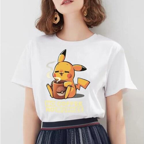2021 Pokemon T-shirt Pikachu Coffee Clothes Summer Women Casual Top Print Short Sleeve Cartoon Kawaii Anime Aesthetic Tee Shirt
