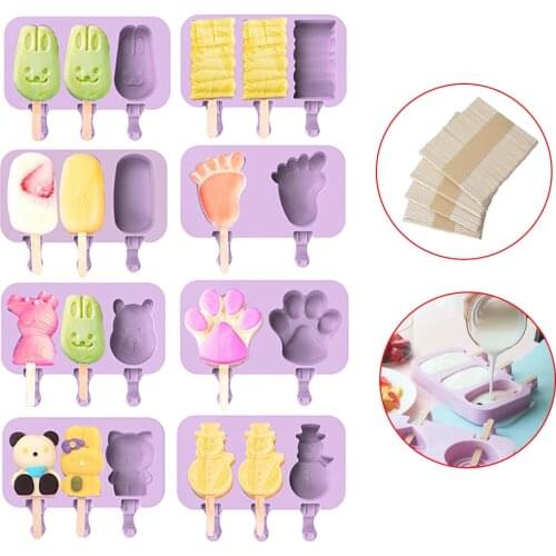 3D Ice Cream Mould Maker Popsicle Silicone Mold with Lid 50pc Sticks Cute Cartoon Jelly Lolly Ice Cream Form Kitchen Gadget Tool