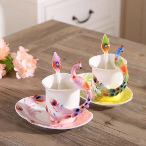 3D Mugs Peafowl Coffee Cup Color Enamel Porcelain Drinkware Mug Milk Tea Set Cups Creative Mugs Ceramic with Spoon and Saucer
