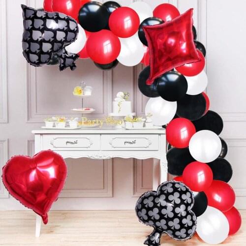 65pcs/set Playing CARDS Theme Party Decoration Playing CARDS Balloons Black Red White Latex Balloon Confetti Banner decor