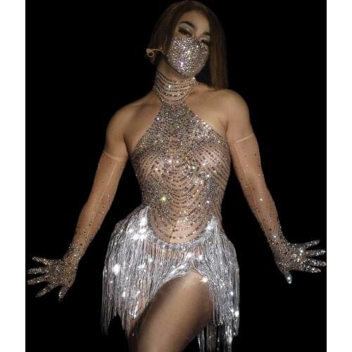 Sparkly Rhinestone Fringe Transparent Dresses for Women Dancer Show Leotard Celebrate Outfit Prom Bar Birthday Costumes