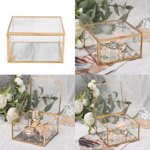 Golden Square Vintage Brass & Clear Glass Decorative Box Home Decor, Small Jewelry Case Box Organizer with Latching Lid 5x5x3"