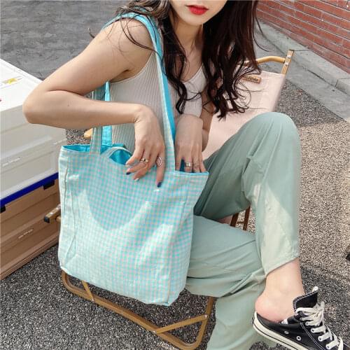 Double Side Women Canvas Handbags Simple Plaid Ladies Large Shoulder Shopping Bags Stitching Design Student Girls Casual Tote