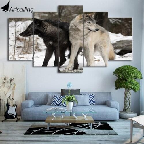 HD Printed 5 Piece Canvas Art Snow wolf two wolves couple Painting Wall Pictures for Living Room Modern Free Shipping CU-2131B