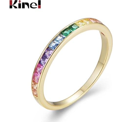 Kinel Authentic 925 Sterling Silver Various Colors Square Colorized Crystal Women Wedding Rings CZ Fashion Jewelry Accessories