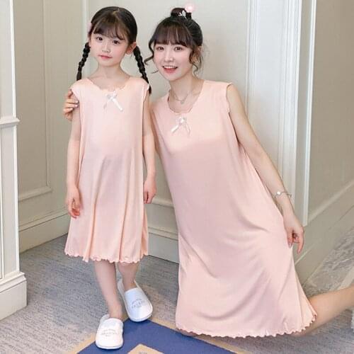 New Parent-child Pajamas Mother and Daughter Summer Cotton Short-sleeved Nightdress Solid Color Princess Girl Home Service