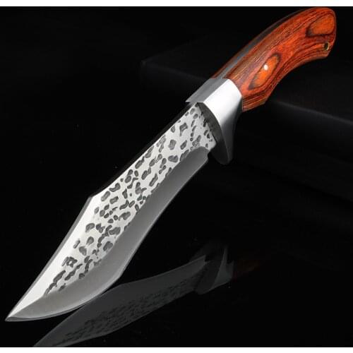 Damascus Steel Knife Pocket Knife Camping Survival Outdoor Knives Solid Wood Handle EDC with Leather Sheath