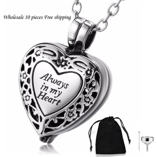 Cremation Urn Necklace for Ashes Urn Jewelry,Always in My Heart Carved Locket Stainless Steel Keepsake Funeral Memorial Pendant