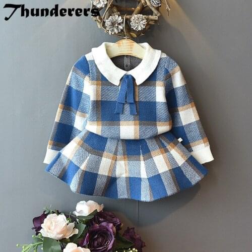 Thunderers Autumn Winter Kids Clothing Set For Girl Plaid Printed Tops With Skirt Children 2pcs Outfits Girl Christmas Cltohes