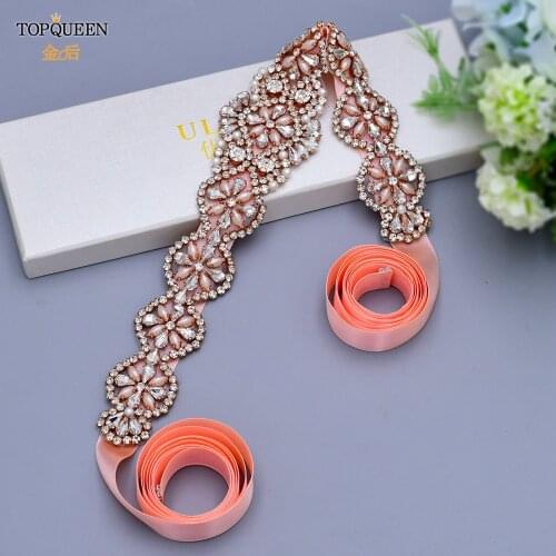 TOPQUEEN S161-RG Rose Gold Bridal Belt Pearl Crystal Bride Sash Women Belt Rhinestone Wedding Satin Sash White Jeweled Belt