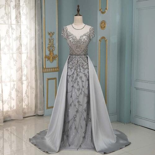 YQLNNE Couture Silver Rhinestones Evening Gown Dress Cap Sleeve Satin Skirt Formal Dresses Robe De Soiree