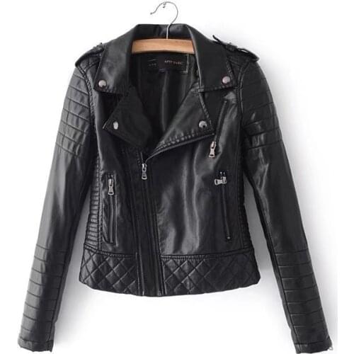 2020 New Fashion Women Soft Faux Leather PU Jackets and Coats Lady Motorcyle Zippers Biker Black Spliced Street Outerwear