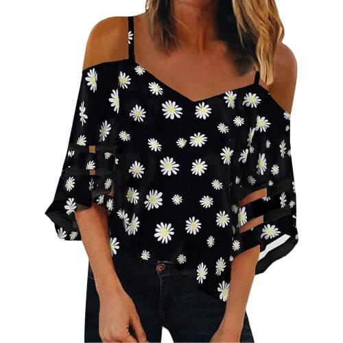 Daisy Print V Neck Elegant Blouse Shirt Women 2021 Summer Off Shoulder Flare Sleeve Mesh Patchwork Tops Femme Summer Blouses
