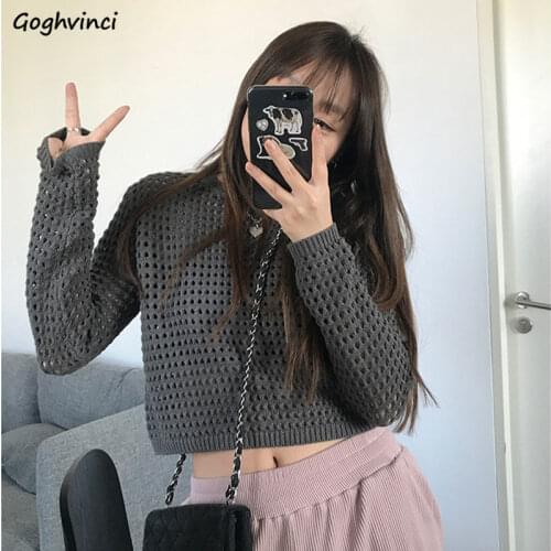 Knitted Pullovers Women Loose Solid Simple All-match Stylish Hollow Out Cropped Sweaters O-neck Trendy Korean Chic Students New