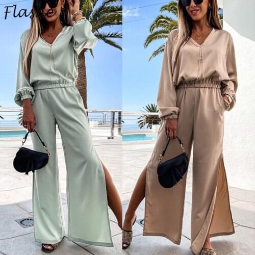 Casual Tracksuit Women V Neck Pullover Tops And Solid Pants Outfits Fashion Elegant Office Lady Suits 2021 Women Two Piece Sets