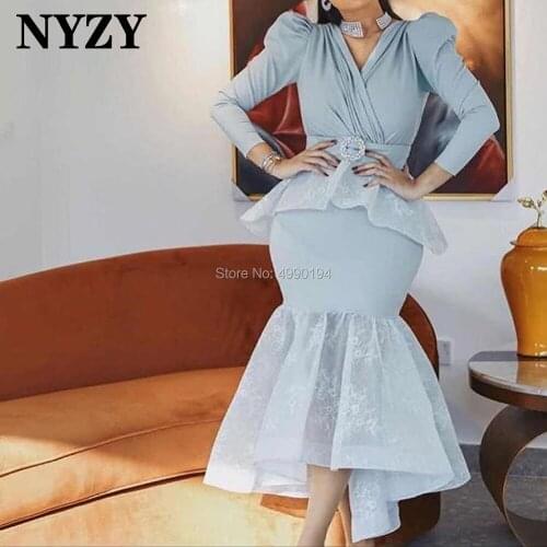 Elegant Sky Blue High Low Long Sleeves Arabic Evening Dresses 2020 NYZY E281 Robe Soiree Dubai Wedding Party Dress Prom Gown