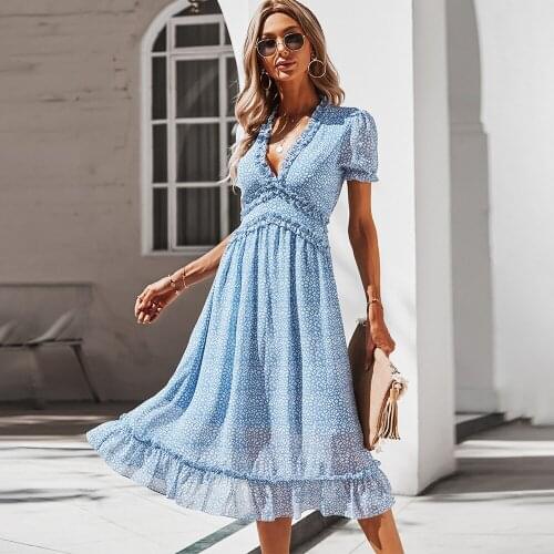 Womens Floral Print Maxi Dresses Women 2021 Sexy Deep V Neck Short Sleeve High Waist Ruffle Dress Chiffon Big Swing Dress Femme