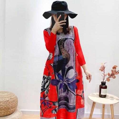 Women Vintage Dress Printing Stitching Color Round Neck Dresses Female Temperament Loose Fit Fashion Summer 2021 E127