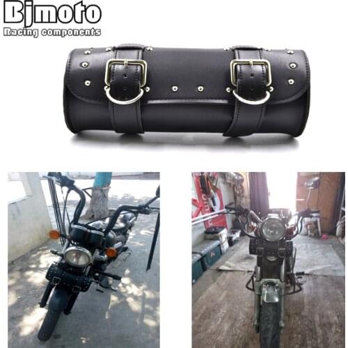 BJMOTO Black Motorcycle Saddlebag Side Bag PU Leather Roll Barrel Tool Bag Motorbike Saddle Bag for Harley Sportster Touring