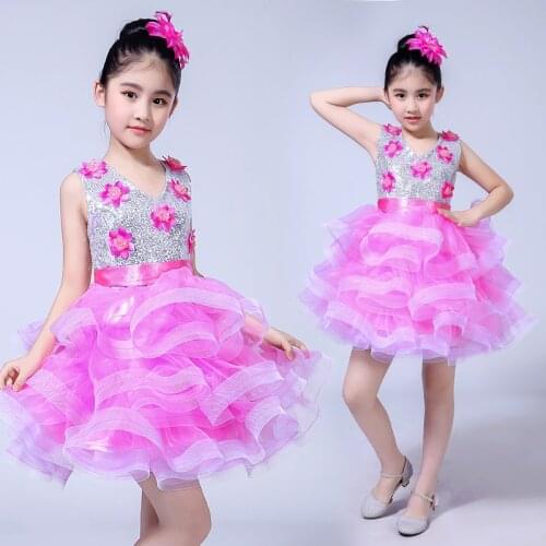 Children Sequins 3layers Party Dress Girls Street Dance Show Kids Hip Hop Stage Dancing Suits Jazz dance dress for girl