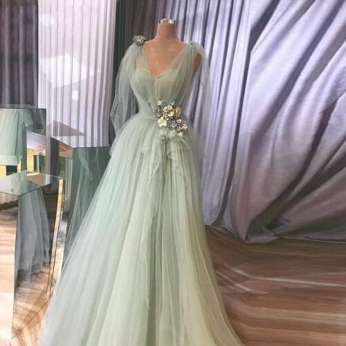 Sage Long Tulle Prom Dresses 2021 Double V Neck Flowers A Line Formal Evening Party Dress vestidos de gala