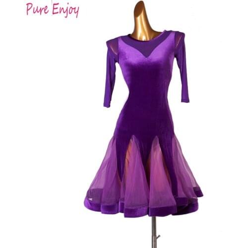 Purple Black Latin Dance New Fashion Women Dance Costume Set Adult Latin Dress Salsa Samba Half sleeve Women Latin Dance Dresses