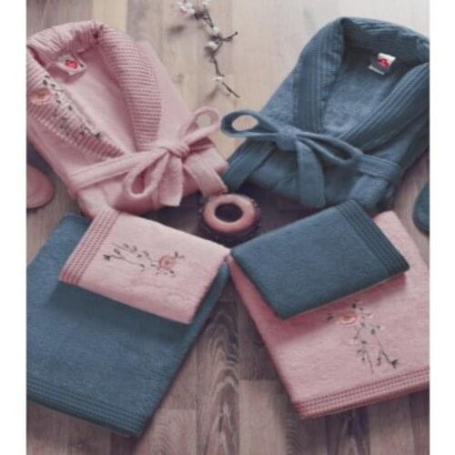 Cotton Box 3D Embroidered Bamboo Family Bathrobe Set - Dried Rose / Blue 40% Bamboo 60% Cotton