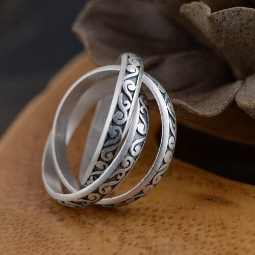Thai silver New 100% S990 fine silver ring antique matte process design individuality series of three new couples Womens ring