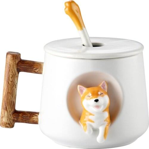 Creative Ceramic Mug With Lid and Spoon Kawaii Shiba Inu Coffee Milk Mugs Cute Home Couple Breakfast Cups Gift for Xmas Girls
