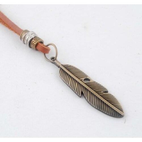 New Collares Necklaces Cool Rock Feathers Pendant Genuine Leather Long Chain Vintage Design
