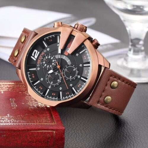 SKONE Watches Men Military Waterproof Leather Auto Date Quartz Wristwatch Sport Clock Male Chronograph Watch Relogio Masculino