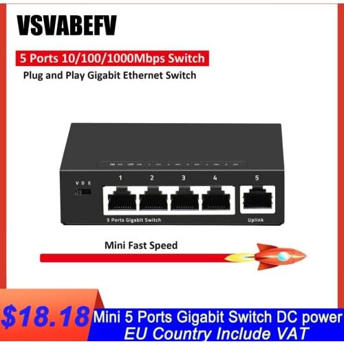 VSVABEFV 5 Ports Gigabit Switch DC power Mini 10/100/1000Mbps Fast Ethernet Switch Full or Half duplex RJ45 Support VLAN
