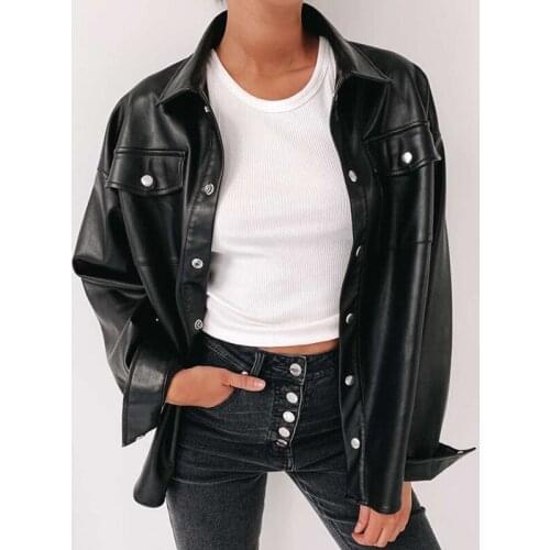 Cool Jackets Ladies Pocket Oversized Pop Jackets Punk Style Black PU Leather Jacket Women Autumn New Turn-down Collar Streetwear