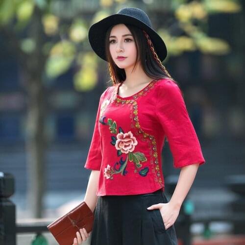Ladies Chinese Tops Summer T Shirt Women 2020 Cotton Linen Embroidery Traditional Chinese Blouse Oriental Style Clothing 10369