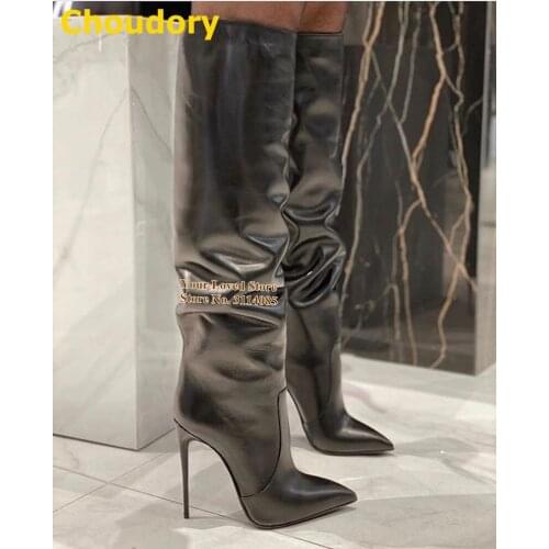 Choudory Women Black Matte Leather Knee High Boots Stiletto Heels Pointed Toe Folded Loose Tall Boots Sexy Nightclub Dress Shoes