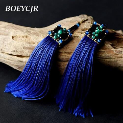 BOEYCJR Ethnic Stone Blue Tassel Dangle Earrings Handmade Vintage Drop Earrings Fashion Jewelry Hook Earrings for Women
