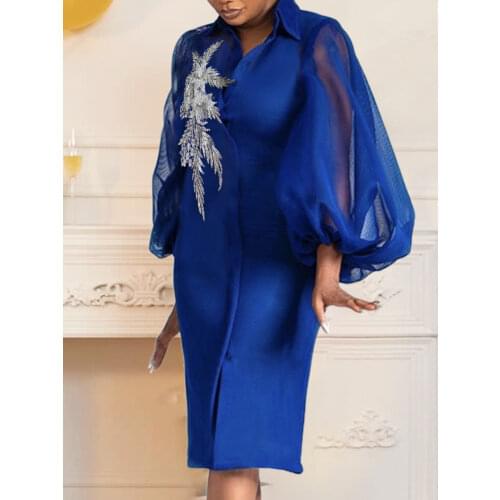 Women Blue Bodycon Dresses with Appliques Long Lantern Sleeve Elegant Patchwork Turn Down Collar Office Lady Work Wear Robes New