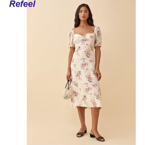 Woman Casual Style Dress With Short Puff Sleeve V-neck Tie-flower Folds Belt Floral Printing Summer Dress Female Chic Vestido