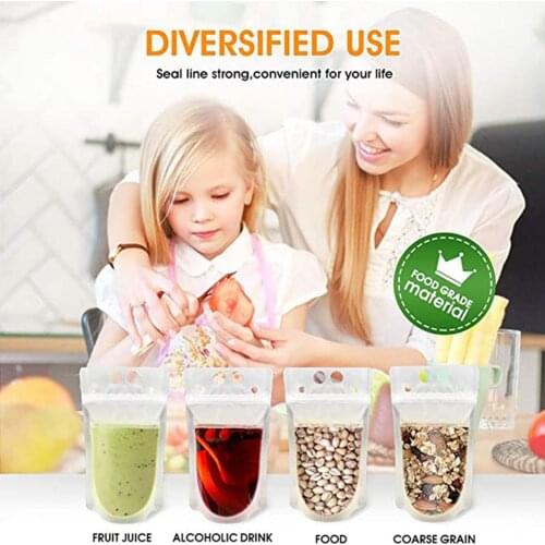 100 Count Hand-held Drink Pouches Zipper Juice Bags 500ml for Beverage Wine