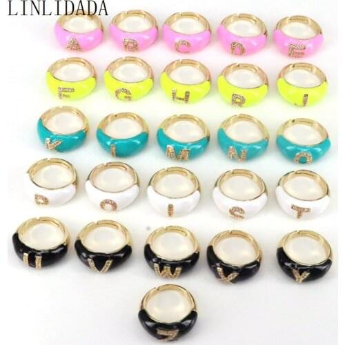 12Pcs New Trendy Neon Enamel CZ Paved Initials 26 Alphabet Ring For Women Jewelry Engagement CZ Name Letter Finger Ring